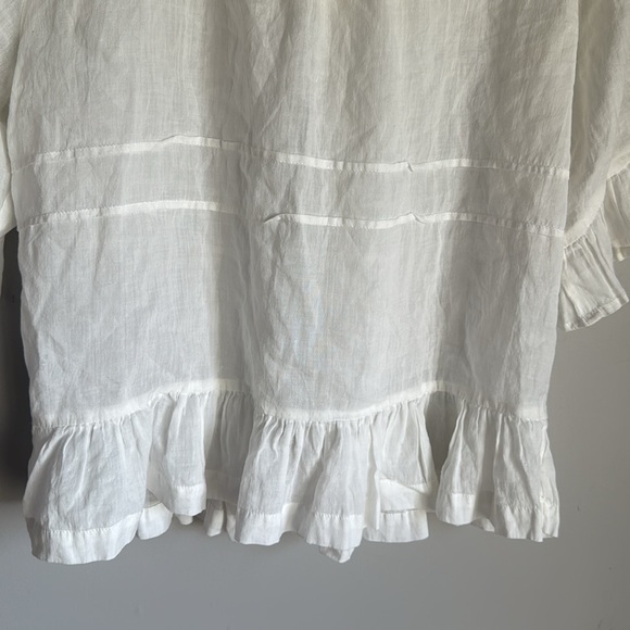 TROVATA BIRDS OF PARADISE Linen blend Button Front Ruffle Hem Blouse medium - Picture 7 of 11